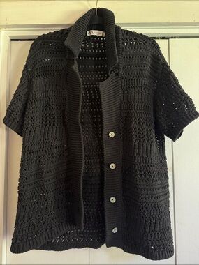 Zara Black Open-Knit Short-Sleeve Cardigan
